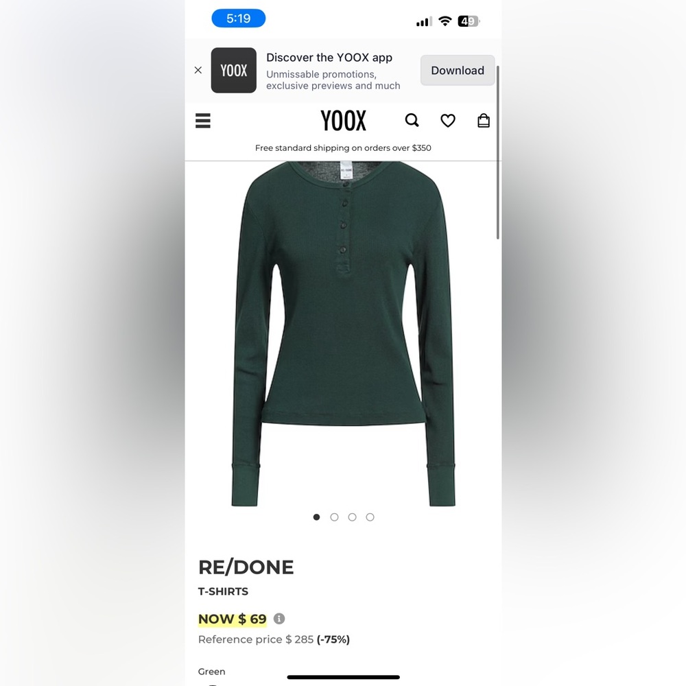 Re/Done Dark Green Long Sleeve Henley Top